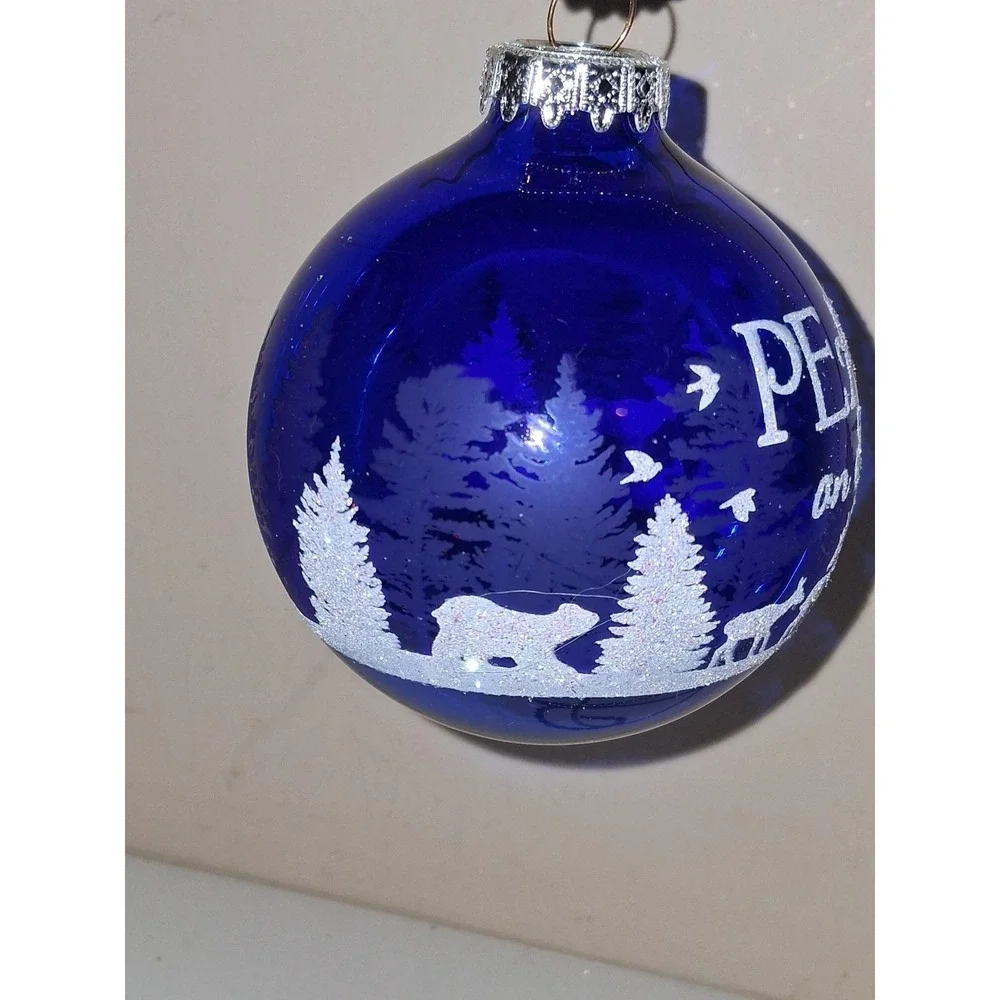Bronner's Made in Hungary Peace on Earth Blue Glass Christmas Ornament Deer Wood